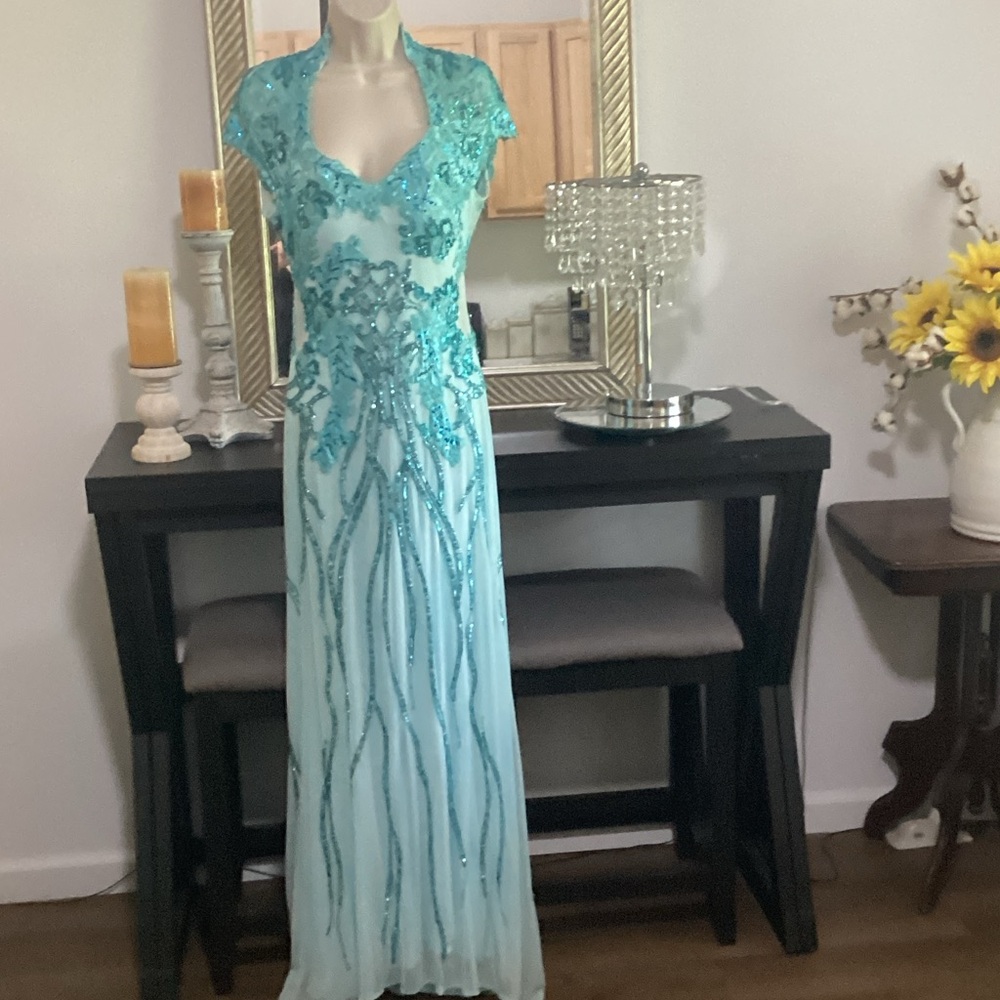 Mac Duggal Aqua Blue Backless Dress
